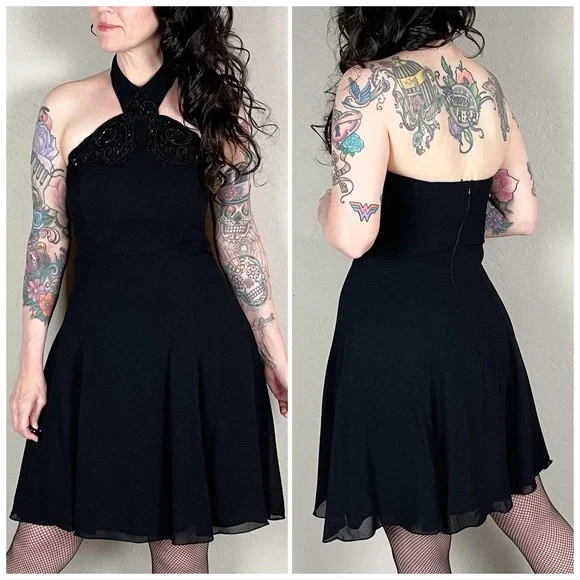 Vintage 1990s Black Halter Mini Skater Dress - Picture 4 of 8